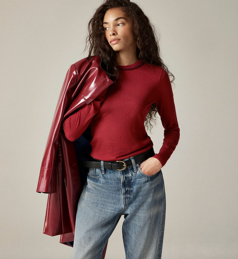 J.Crew Carolyn Embellished Fitted Crewneck Sweater Merino Wool Burgundy M NWT